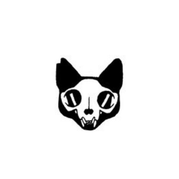 Imagem de perfil do artista. Uma ilustração em preto e branco de uma cabeça de gato esqueleto